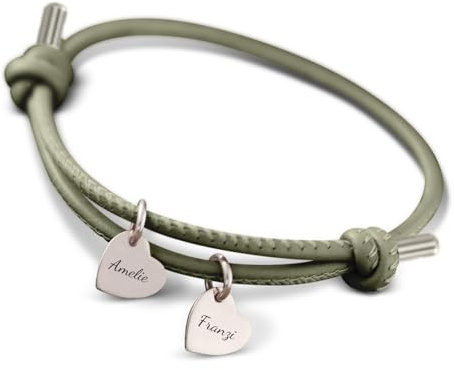 Love Faith Personalisiertes Freundschaftsarmband mit Gravur - Lederarmand mit 2 Herzen in 4 Farben - Anhänger in 3 Farben