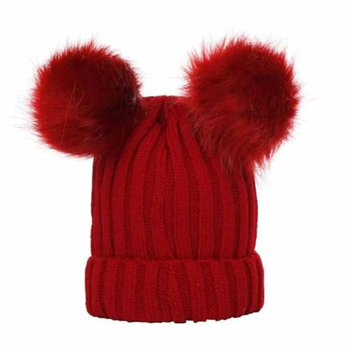 SHTGOI Damen Strickmütze Familie Passenden Niedlich Wintermütze mit Zwei Bommeln Warm Klassisch Gestreift Wollmütze Klein Slouch Fellbommel Beanie Hut für Frauen Mädchen Herbst Winter Weinrot