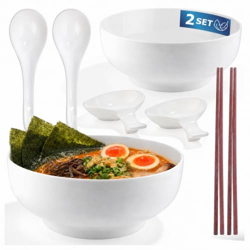 Urban Lifestyle ramen skålset av porslin Ø 20,5 cm varm vit – 2 ramenskålar, 2 ramenskedar, 2 dippskålar och 2 par ätpinnar – ramen set som salladsskål och soppskålar