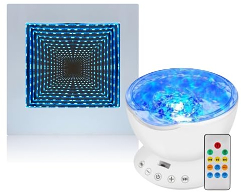 Playlearn Sensory Light 22cm Colour Changing Infinity Mirror Lamp - 13cm Sensory Ocean Wave Projector Night Light w/Remote Control for Office, Living Room & Bedroom