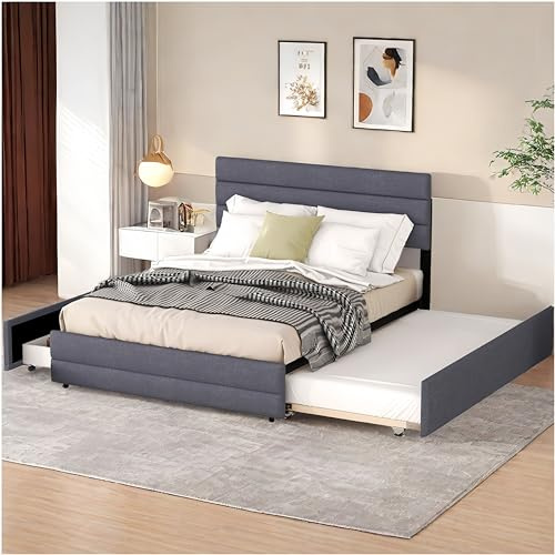 Sapgaks Doppelbett 140 x 200 cm, Doppelbett mit Stauraum, Ausziehbett für zwei Personen (Grau)