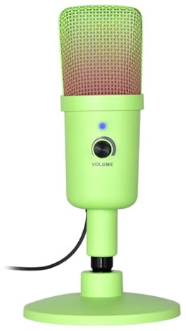 fesoklaf Micrófono USB para PC, micrófono con cancelación de ruido con control de volumen, micrófono RGB para juegos, giratorio y ajustable para grabación en streaming, podcasting (verde)