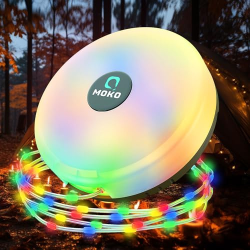 MoKo Guirlande Lumineuse Camping 3-en-1, rechargeable, 8 modes | Lampe Camping portable avec enrouleur, aimant et recharge USB; Guirlande Lumineuse Extérieure étanche pour tente et vacances