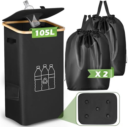 POFIBO Poubelle de Tri Sélectif 105L Cuisine [Couvercle Étanche + 2 Sacs de Transport] - Poubelle de tri de Dépôt avec Trou - Bac Rangement Bouteilles Plastique/Verre Recyclage