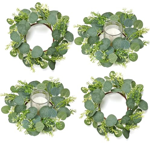 Betylifoy Kerzenringe Eukalyptus Kranz Kerzenringe für Stabkerzen 4PCS Kranz Kerzen Kleine Greenery Kränze für Hochzeit Tafelaufsätze Fensterdekoration