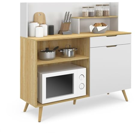 IDMarket - Lowboard 120 cm Olaf Arbeitsplatte H.83 cm 1 Tür + 1 Schublade Buchenholzoptik und weiß