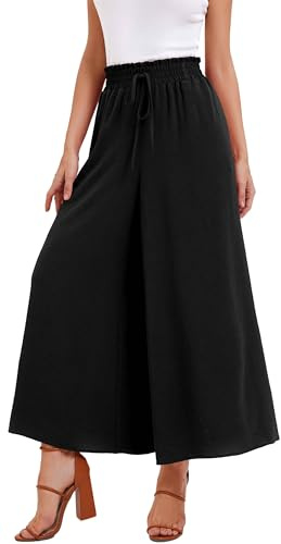 WUWUSKY Kurzarm Sommerhose Damen Leicht Lässige Palazzo Hose Elegant High Waist Baggy Freizeithose mit 2 Taschen,Schwarz,S