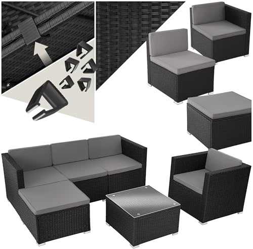 tectake® Poly Rattan Lounge, Outdoor Gartenmöbel Set mit Sofa, Sessel, Hocker und Tisch, variabel kombinierbar, Möbel wetterfest für 4-5 Personen, Balkonmöbel, Gartenlounge, Terrassenmöbel - schwarz