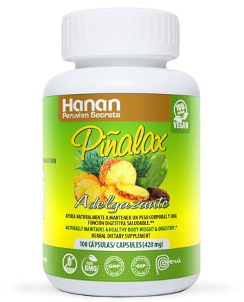 Hanan Piñalax 100 Capsules of Pineapple, Green Tea, Artichoke, Stevia, Yacon Leaves, Senna, Horsetail and Fennel from Peru Herbal Supplement - for Natural Cleanse & Detox