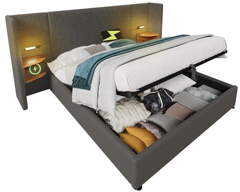 xixiworkshop Polsterbett Doppelbett 160×200 mit Nachttisch und USB, Bettanlage Stauraumbett Bettgestell mit Lattenrost aus Massivholz & Metall, Cordstoff(Ohne Matratze) (Grau, 180×200cm)