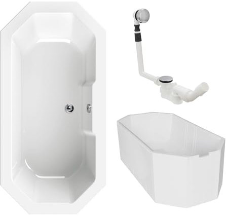 Calmwaters® Achteck Badewanne Komplettset 180 x 90 cm mit Wannenträger & Ablaufgarnitur, Acrylwanne Exclusive, Duowanne für Zwei, Badewannenset komplett 180x90, 8-Eck-Badewanne Weiß, 99000164