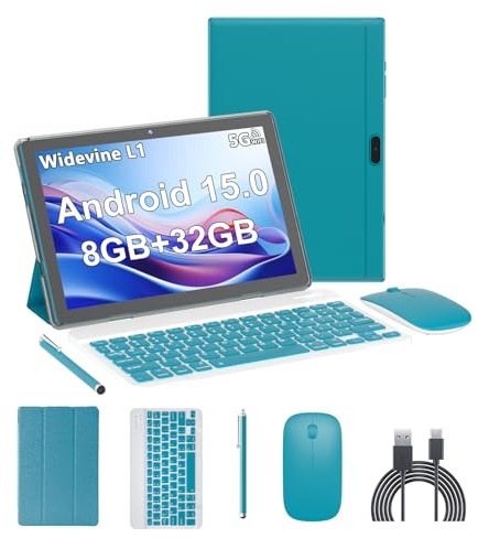 Android 15 Tablet,10 inch Tablets, 8GB RAM+32GB ROM/2TB Expandable, 2 in 1 Tablets with Keyboard Case, 1280x800 IPS Display Screen, 5G Wi-Fi6, Dual Camera, 6000mAh Battery BT5 Widevine L1 (Green)