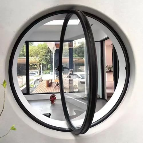 Fenêtre ronde avec cadre en aluminium et verre trempé, fenêtre à battant pivotante à 360° pour salle de bain, chambre, salon, Fenêtre de ventilation intérieure de remplacement avec poignée(Black+Trans