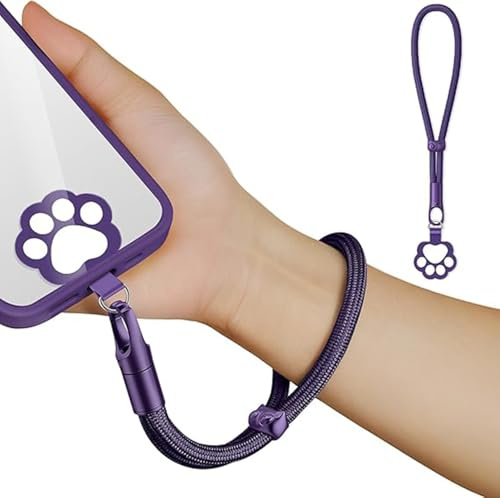 newplenty Handykette Kurz Universal,Verstellbar Handyanhänger, Schlüsselband, Handschlaufe, Handygurt, Handgelenk,Handyband, Anti Verlust mit Ultradünnem Patch (Katzenpfote Lila)