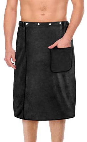 Aomig Bath Towel Body Wrap for Men, Adjustable Men’s Bath Wrap Towel, Mens Shower Wrap Bath Towel, Strong Absorption Sauna Spa Body Wrap, Towel Skirt with Pocket for Home Gym Spa Beach Pool (Black)
