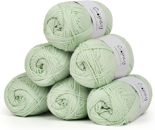 Coopay 100% Cotton Yarn for Crochet and Knitting, 6 x 50g Crochet Cotton Yarn, 4 Ply Soft Cotton Knitting Yarn, Ideal Cotton Crochet Yarn for Dishcloth, Baby Blankets, Socks, Hats - Light Green