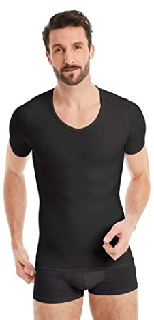 FINN Shapewear Maglietta a compressione da uomo – Canottiera modellante e body shaper per uomini – Maglietta intima a maniche corte in cotone per pancia più piatta e postura migliore, Nero , 7XL