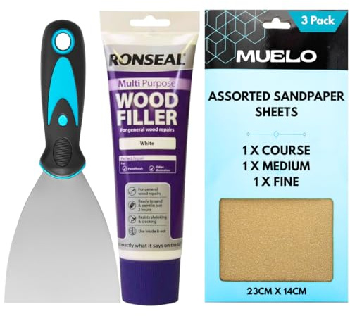 Ronseal White Wood Filler Tube 325g – Strong Wood Putty for Oak, Pine & MDF – Includes 3” Muelo Metal Filler Tool & 3 Sandpaper Sheets (Medium, Coarse, Fine) for Wood Repairs
