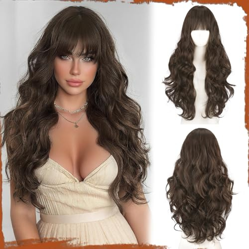 Sofeiyan Peluca Larga Ondulada,60 cm Castaño con Reflejos Pelucas Resistentes al Calor con Flequillo para Mujer,Cabello Natural Sintético,Aptas para Fiestas Diarias y Cosplay Festivo