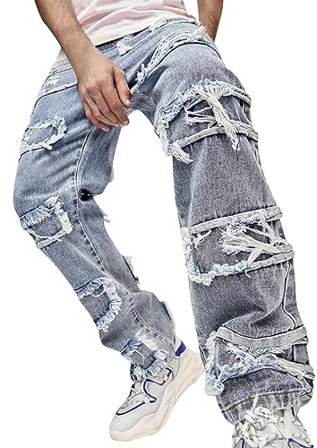 Generico Slim Fit Jeans,Abbigliamento Uomo,Pantaloni da Uomo Slim Fit Dritto Tubo retrò Hip-Hop Street Jeans Pantaloni di qualità (Light Blue, L)