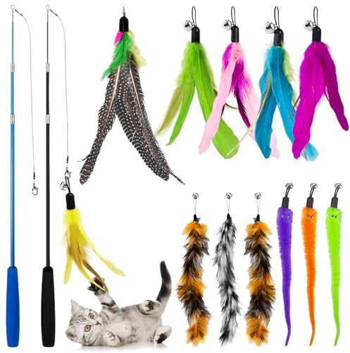 AMFUN 14PCS Giochi con Piume per Gatto, Giocattoli Interattivo con Piume per Gatti, Interattivo Retrattile Bacchetta con Campana per Il Vostro Gatto e Il Gattino