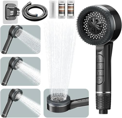 Pommeau de Douche Haute Pression,Pommeau de Douche Anti Calcaire Filtrant - Douchette Shower Jet 3+1 Modes avec Bouton Pause, Économie d'Eau,Douche Tuyau 1.5M Avec 3 filtres et support mural