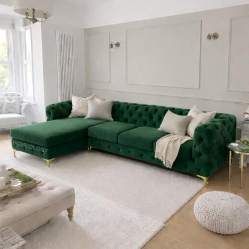 Plush Chesterfield 4 Seater Sofa with Chaise Lounge | L Shaped Sofa with Left & Right Hand Facing | Corner Sofa for Living Room with Gold Legs & Scatter Cushions (Green, Left Hand Chaise)