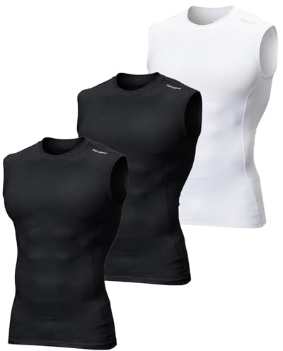 DEVOPS 3 Pack Men's Athletic Compression Shirts Sleeveless (2X-Large, Black/Black/White)