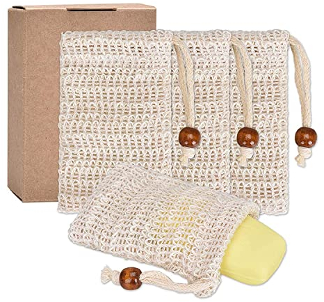 Lot de 4 sachets de savon, 100 % en sisal naturel, restes de savon bio durables, filet de savon sans plastique pour exfoliation du corps