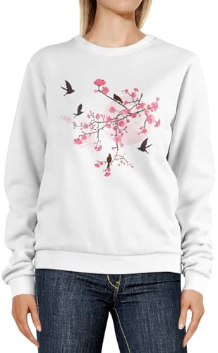 Neverless® Sweatshirt Damen Print Kirschblüten Vögel Japan Rundhals-Pullover Pulli Sweater Weiss L