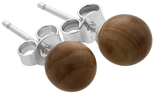 Edelstein Ohrstecker in 925er Silber | Kugel/Perle 6 mm Durchmesser | Ohrringe mit Verschluss (Versteinertes Holz)