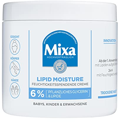 Mixa Lipid feuchtigkeitsspendende Creme, Mit 6% Lipiden und pflanzlichem Glycerin für trockene Haut, Zur Pflege von Haut, Gesicht, Körper und Händen, für die ganze Familie Lipid Moisture, 400 ml