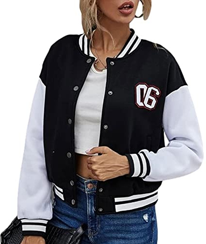 Geagodelia Damen College Jacke Sweatjacke Baseball Jacke Vintage Kurze Übergangsjacke Sweatshirt mit Knopf Y2K Fashion Top Frühling Herbst (Schwarz, M)