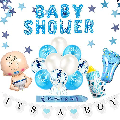 Baby Shower Decorations for Boy, 10 Baby Boy Shower Blue Balloons Set, Its a Boy Banner, Mummy to Be Sash, Blue Baby Shower Foil Balloon Banner for Gender Reveal Party
