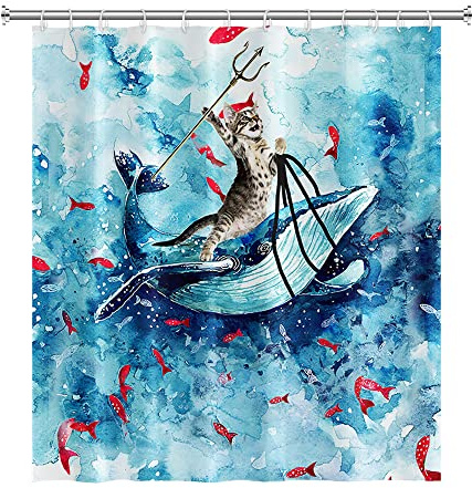 SDOTPMT 122x183cm Komisch Katze Duschvorhang Süß Katze Reiten Wal Ozean Welle Badevorhang Karikatur Rot Fische Blau Badewanne Vorhang Stoff Wasserdicht für Badezimmer Badevorhang mit Haken