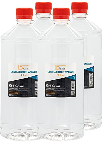 D.LINE Destilliertes Wasser 4x 1 Liter, Entmineralisiert nach Vorschrift VDE 0510 und DIN 43530
