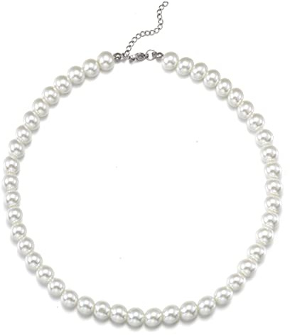 HSWYFCJY Perlenkette Damen Weiß Runden Perlen Halskette Länge 45cm Faux Perlen kette Choker Halskette Perlenkette für Hochzeit Party 6/8/10/12/14 mm