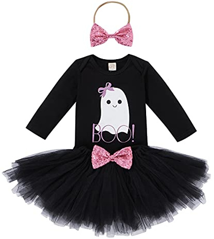 Baby Newborn Girls First Outfit Pumpkin Ghost Long Sleeve Romper+Tulle Tutu Skrit+Headband 3Pcs Clothes Set Cake Smash Photo Shoot Black Ghost 9-12 Months