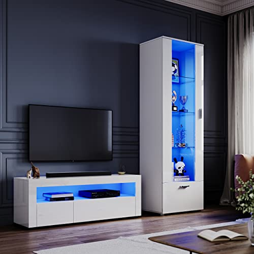 ELEGANT High Gloss White Living Room Set TV Stand Display Cabinet(187cm) Multicolour LED Lights,UK Power Adapter Included