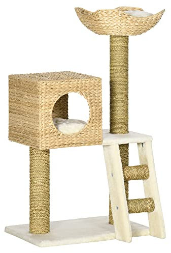 PawHut Árbol Rascador para Gatos Medianos Altura 100,5 cm Torre para Gatos con Cama Superior y Cueva de Totora 2 Cojines 2 Postes Escalera 57x37x100,5 cm Natural