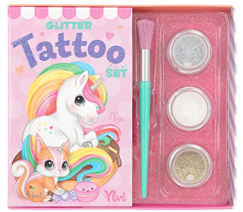 Depesche 12039 Ylvi Tattoo Set für Kinder mit 38 Klebetattoos, 1 Pinsel und 3 Glitzer-Puder in Silber, Weiß und Gold