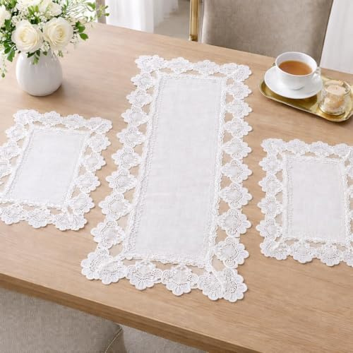 Corredocasa Tris Centrino in Pizzo Articolo Perla Puro Lino per una Tavola da Pranzo Elegante Manifattura italiana con Particolari Ricami Artigianali fatti a Mano per Casa o Villa (Tris Centri Bianco)