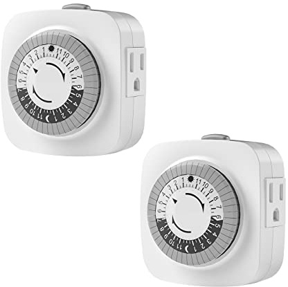 24 Hour Indoor Mechanical Timer with 2 Ground 3 Plug Socket Timer，30 min Daily on/Off Cycle for Lamps, Christmas Tree Lights, ETL Certified, White，2 Pack