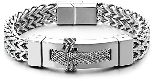 COOLSTEELANDBEYOND Maskulin Identifikations Armband Aus Edelstahl für Herren, Doppelte Quadratische Franco Kette Mit Mesh Ketten Kreuz