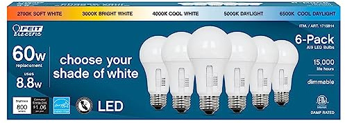 Feit Electric LED 5-Color Choice - 60W Equivalent - 800 Lumen, 2700K Soft Whit, 3000K Bright White, 4000K Cool White, 5000K Daylight and 6500K Cool Daylight, A19, ART 1715914