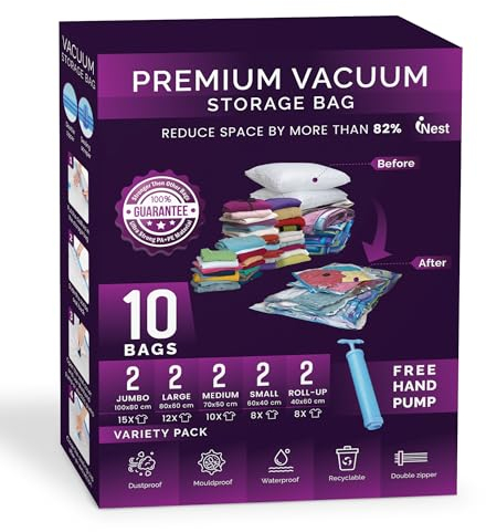 iNest Vacuum Storage Bags for Cloths - Pack of 10 (2 Jumbo, 2 Large, 2 Medium, 2 Small, 2 Roll-Up Bags with Pump) for Clothing, Bedding, Pillows, Quilts for Home and Travelling and Its Reusable