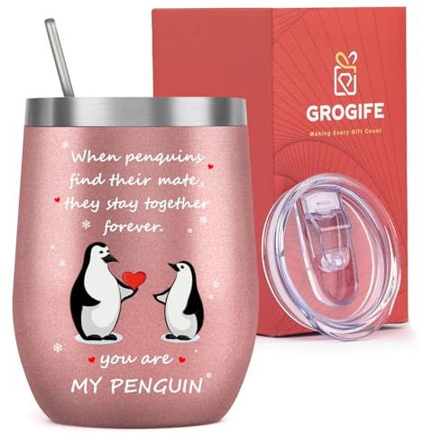 Grogife Valentine Gifts for Her, Penguin Gifts Ideas, Funny Valentines for Wife Girlfriend Women, Cute Romantic Birthday Presents Anniversary, Insulated Coffee Cup 350ml