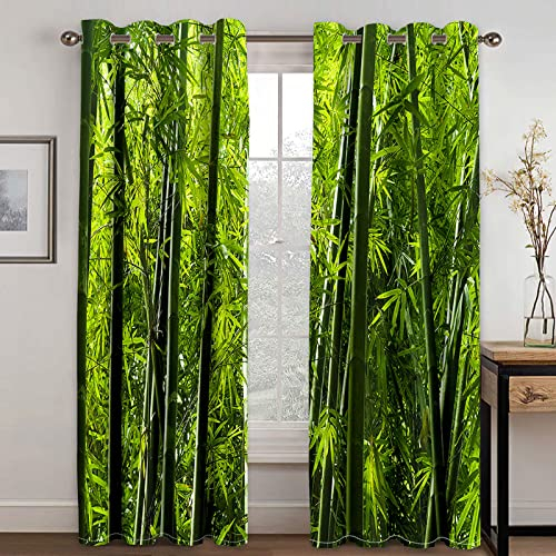 HOUKAI Vorhänge Kurz Fenster Wohnzimmer 3D Grüner Bambus-Dschungel Vorhang Verdunkelung Blickdicht Gardinen 140x160 cm Vorhänge Schlafzimmer Mit Muster Modern 2Er Set, Vorhänge Für Kinder Mit Ösen
