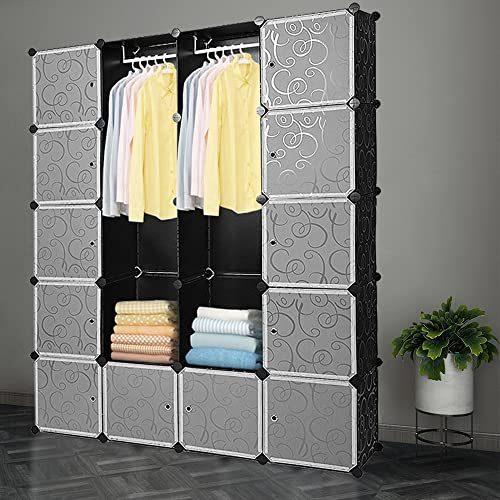 Eulenke Steckregal Kleiderschrank: 20 Würfel Regalsystem aus robustem Kunststoff in Schwarz-Weiß-Muster, 2 Kleiderstangen, 12 Türen & Garderobe