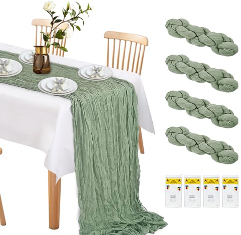 BULZEU 4 Stück 90 x 300 cm Käsetuch Tischläufer Salbeigrün und 4 Stück 137 x 274cm Tischdecke Weiß, Rustikale Gaze Tisch Läufer Tischdekoration für Küche Hochzeit Geburtstag Urlaub Party